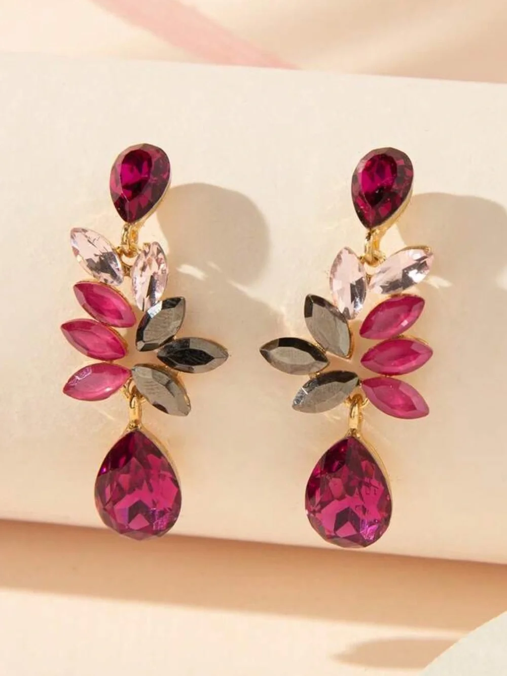 Elegant Pink Teardrop Crystal Leaf Earrings